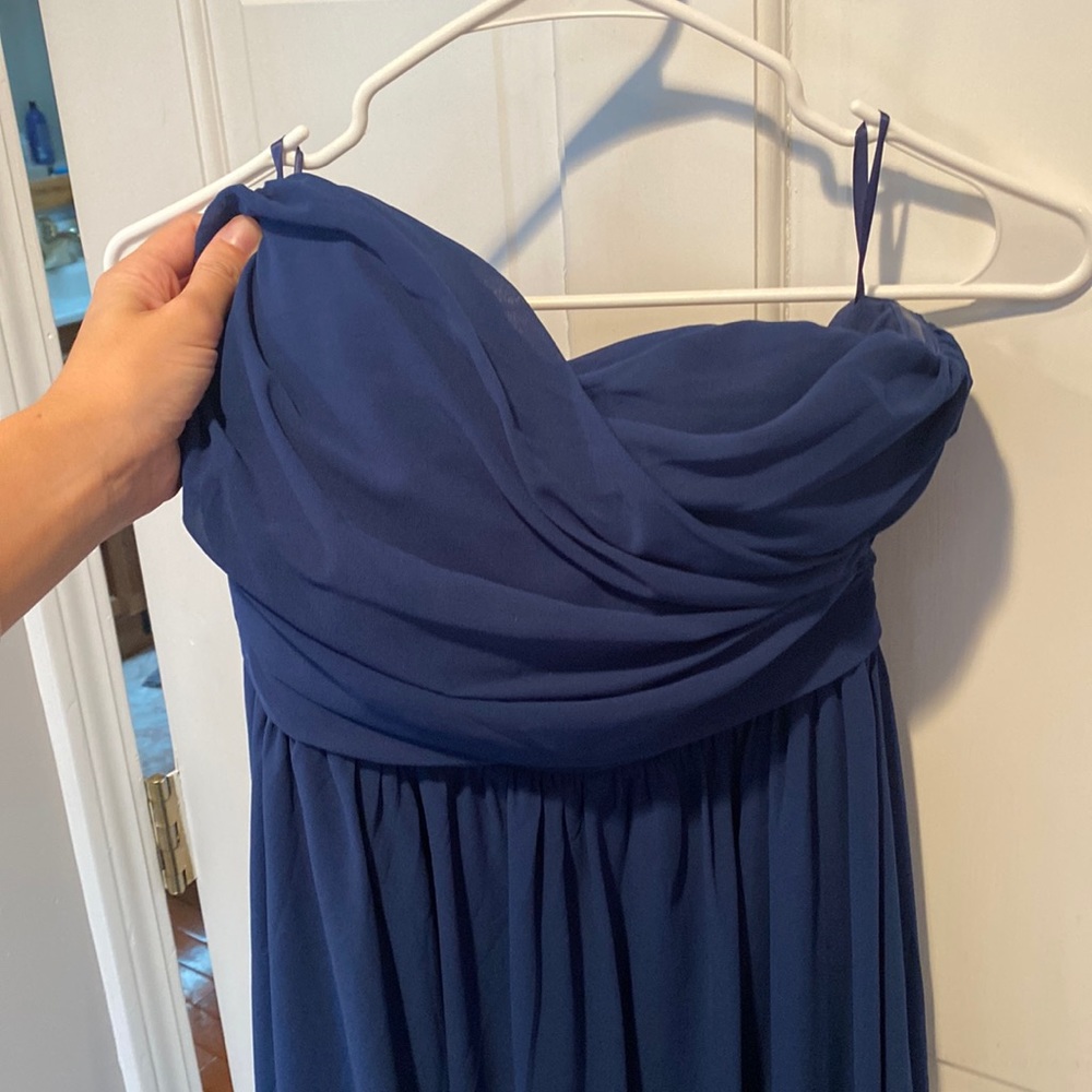 Blue strapless formal gown